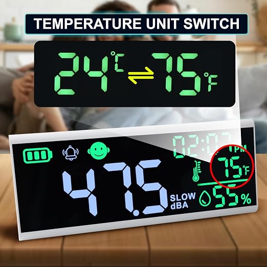 Decibel Meter 13" Sound Decibel Meter Display Time Temperature Humidity, Wall Mounted and Desktop Sound Level Meter with Buzzer Alarm Icons Indicator, Noise Meter for Classroom, Studio, Home, etc.