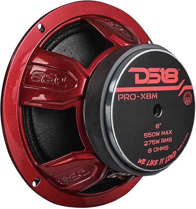 DS18 PRO-X8M Loudspeaker - 8", Midrange, Red Steel Basket, 550W Max, 275W RMS, 8 Ohms - Premium Quality Audio Door Speakers for Car or Truck Stereo Sound System (1 Speaker), Classic