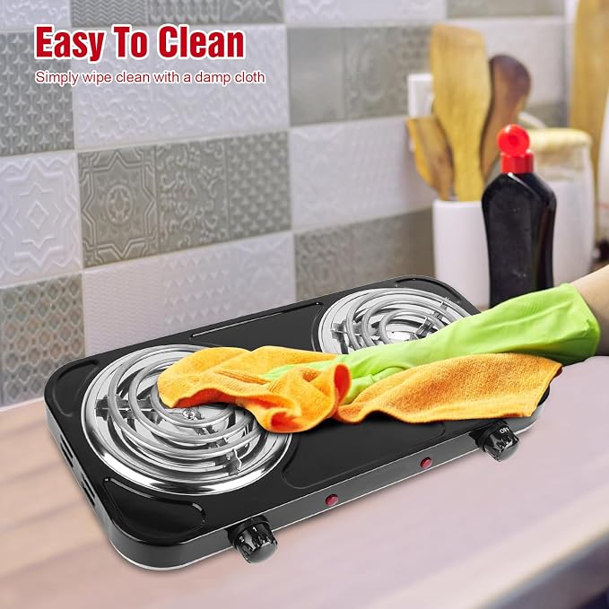2000W Electric Hot Plate,Portable Electric Stove Countertop Double Coil Burners W/Dual Control&5 Level Temperature Control, Easy to Clean,Lightweight Cast Iron Countertop Stove for Home Camp RV 110V