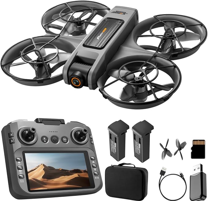 RC Drone With Screen On Controller (4.92in), UHD Dual Camera, Brushless Motor, Optical Flow Hovering, 360° Propeller Guard, 6-Axis Gyro, Headless Mode, One-Key Takeoff/Landing, 3-Speed Adjustable, 50X Zoom, Gesture Control, Trajectory Flight, Night LED...