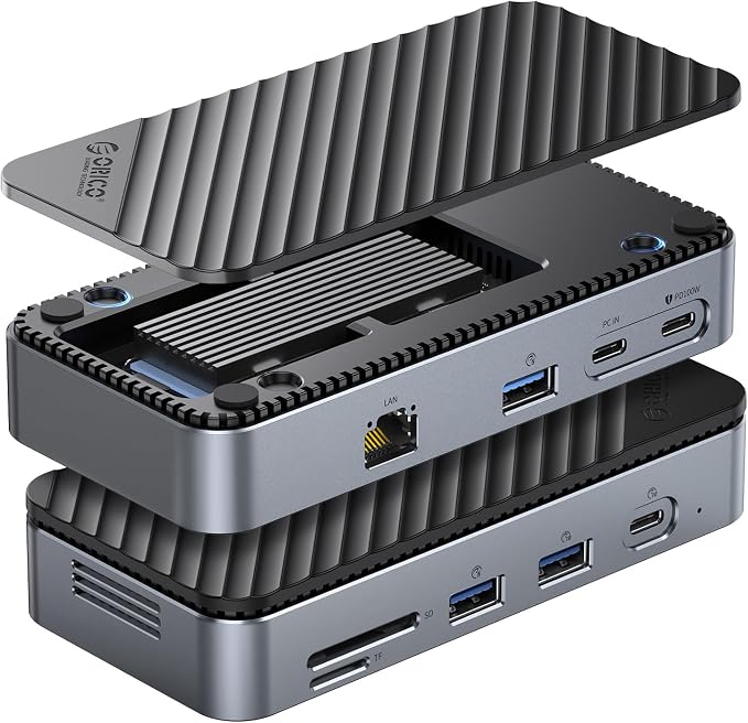 ORICO 9-in-1 USB C Hub with M.2 NVMe SSD Enclosure 10Gbps, Tool Free Hub Docking Station with Built-in Fan, Gigabit Ethernet, 100W PD, SD/TF, Type C & USB A for Laptop MacBook