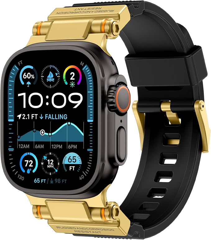 FOAMUNOC Rugged Band Compatible with Apple Watch Ultra 3/2/1 Band 49mm/46mm/45mm/44mm/42mm, Metal Connector with Silicone Strap for iWatch Ultra Series 11/10/9/8/7/6/SE3/SE2/SE/5/4/3/2/1, Gold Black