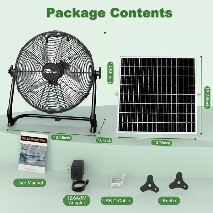 12" Solar Powered Floor Fan, Rechargeable Battery Operated Floor Fans with USB&Type C Output, 4.5-27H Runtime, Quiet Cordless Outdoor Fan for Outside Camping Greenhouse Shed Power Outage