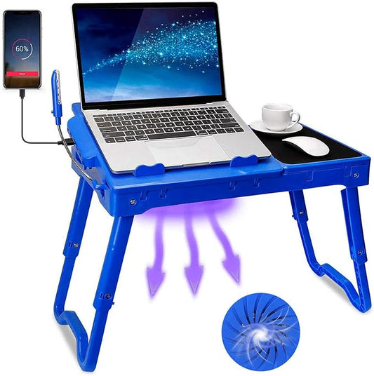 TeqHome Laptop Bed Stand, Adjustable Laptop Table with Cooling Fan, Foldable Laptop Desk for Bed with USB Hub, LED Light & Storage, Mouse Pad, Computer Tray for Bed, Sofa, Home, Office (Blue)