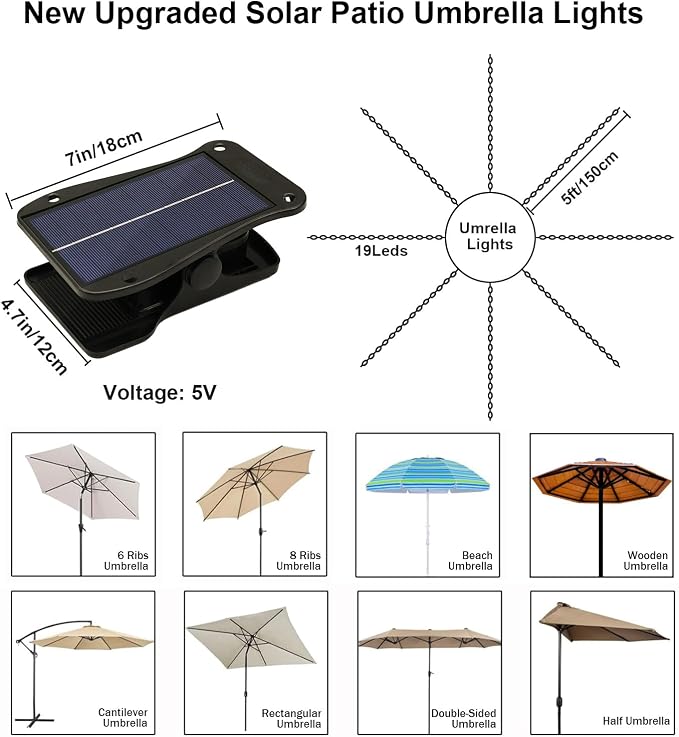 Patio Umbrella Solar Lights with 8 Modes - Upgraded Larger Solar Panel Clip 5V 152 LEDs 8 Strands Umbrella Lights Outdoor Waterproof for Patio Beach Tent Camping Garden Decor, Multicolor
