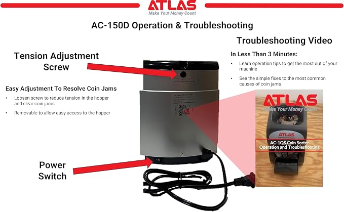 ATLAS Automatic Coin Counter and Coin Sorter with Digital Display (AC-150D) - 5 Coin Counting Modes: Total, Pennies, Nickels, Dimes, Quarters. Auto-Stop When Coin Roller is Full. | Quickly counts and sorts 3 rolls of coins per minute