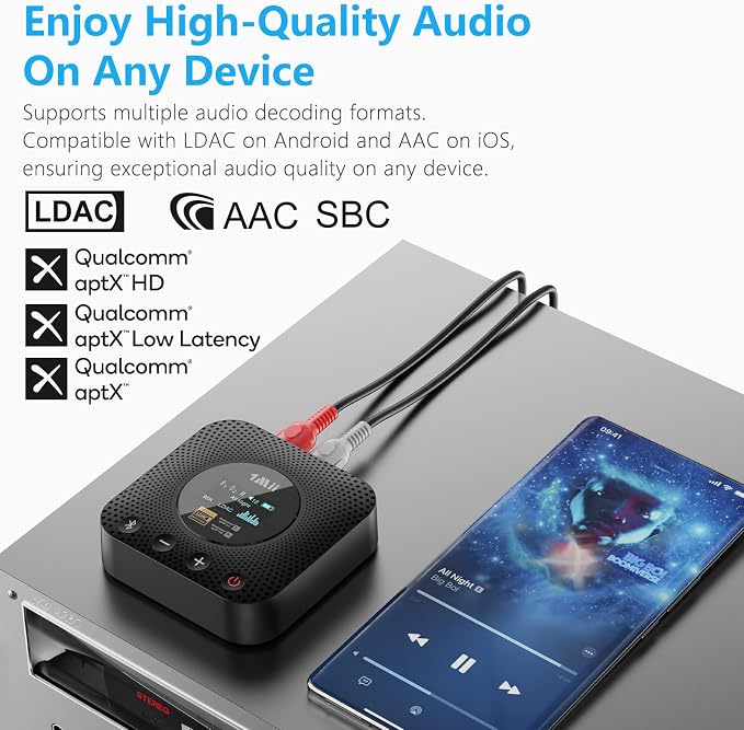 1Mii B06HD+ Hi-Res LDAC Bluetooth 5.3 Receiver for Home Stereo, Hi-Fi Bluetooth Audio Adapter w/Display, Built-in Audiophile DAC, aptX HD Low Latency, RCA Optical Coaxial for Old Stereo Receiver