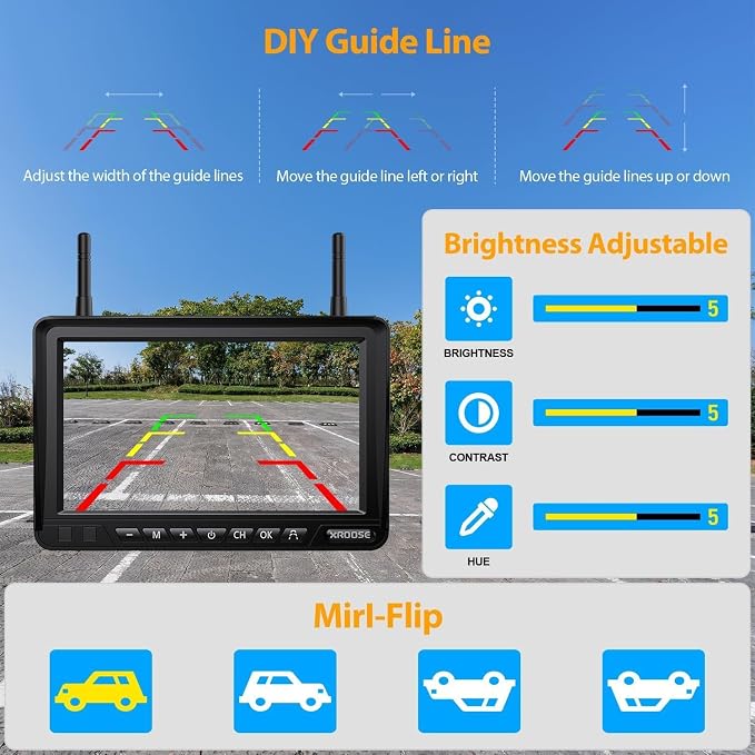 Magnetic Solar Wireless Backup Camera Plug and Play 7" 1080P HD DVR IPS Monitor,IR Night Vision,IP69 Waterproof 1-Min Solar Install,No-Drill,Xroose Wireless Backup Camera for Truck/Trailer/Camp