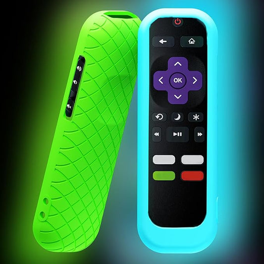 2 Pack Roku TV Remote Cover, Battery Cover for TCL Hisense Roku TV Steaming Stick 4k 4K+ Universal Silicone Sleeve Case with Glow in The Dark (Blue/Green 2pcs)