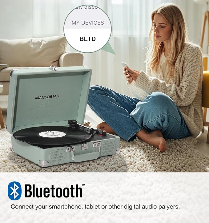 Record Player 3 Speed Bluetooth Portable Suitcase, Vinyl Phonograph with Built-in Bass & Speakers, Belt-Driven LP Player Support AUX-in RCA Line Out Headphone Jack, Green