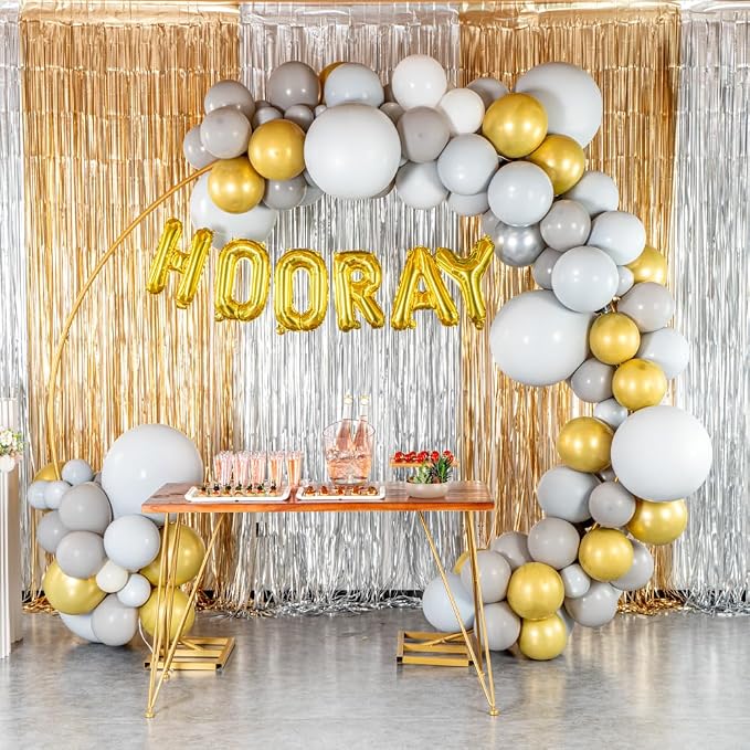 Restaurantware-Balloonify Balloon Garland Set, 1 Party Decoration Kit - 118 Balloons, With Chain, Gray, White, & Gold Latex Balloon Arch Kit, Includes Glue Dots, Fishing Line