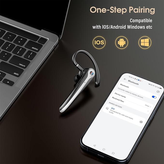Bluetooth Headset, Wireless Bluetooth Earpiece with ENC Noise Canceling Mic | ENC Noise Canceling Mic, 120Hrs Talk Single-Ear Headphones, LED Display, IPX7, V5.4 Hand-Free Earphone