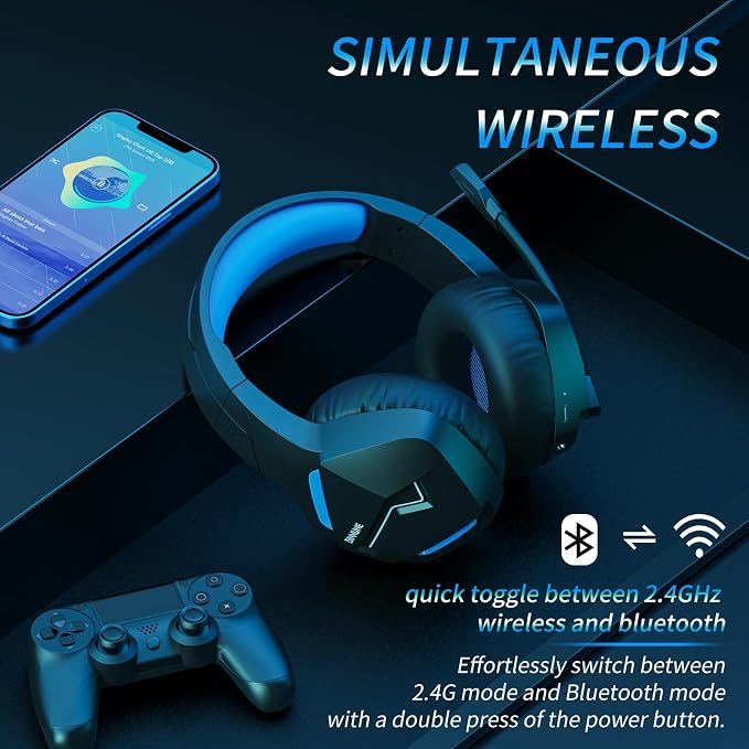 BINNUNE Wireless Gaming Headset for PS5 PC, 120H Ultra-Long Battery, 2.4GHz & Bluetooth 5.3 Wireless Gaming Headphones, PS5 Hadset Wireless with Mic, 50mm Drivers, Comfort Over Ear Headphones,Blue