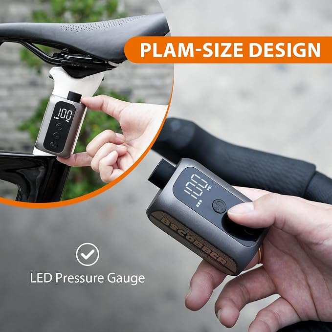 Mini Electric Bike Pump, Portable Emergency Tire Inflator for Road Bike & MTB, 100PSI Rechargeable Bicycle Pump with Digital Pressure Gauge & Auto Stop, Lightweight Pocket with Presta & Schrader Valve