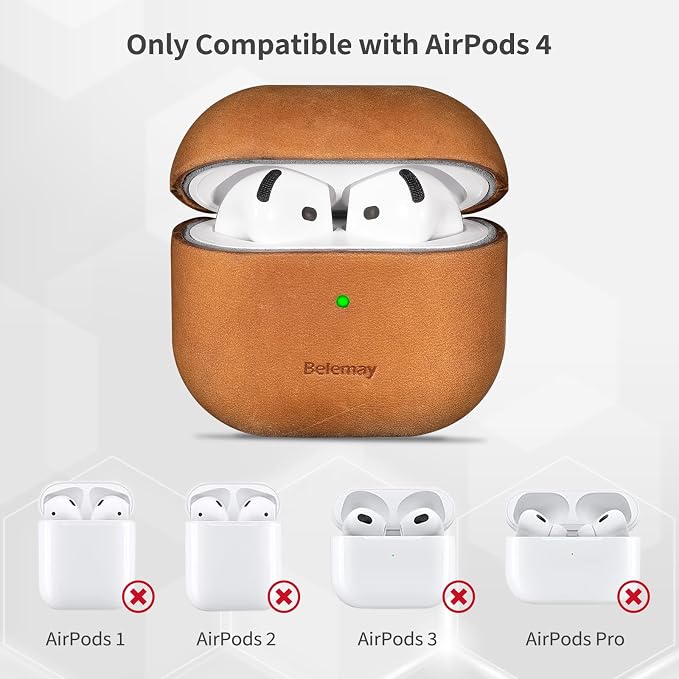 Belemay Handcrafted Crazy Horse Leather Case for AirPods 4 (2024), Vintage Aesthetic, Two-Tone Effect, Unique Patina, Compatible with MagSafe, Compatible with Airpods 4th Gen, Sunset Tan