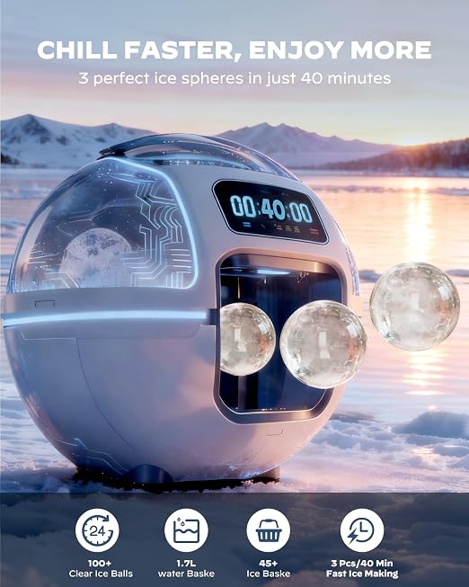 Silonn 2.4″ Sphere Ice Maker, Clear Ice Ball Maker with Slow-Melting, 3 pcs in 40 Mins, 100 pcs/Day, Crystal Sphere & Rapid Sphere Technology, Self-Cleaning Ice Maker Countertop Ideal for Whiskey