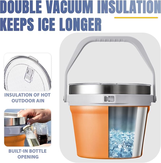 COKTIK 7L Vacuum Insulated Ice Bucket with Lid and Scoop& Tongs，Large capacity Stainless Steel Beverage Bucket for Cocktail, Champagne, Wine, Beer，Large Parties（Orange Suit）