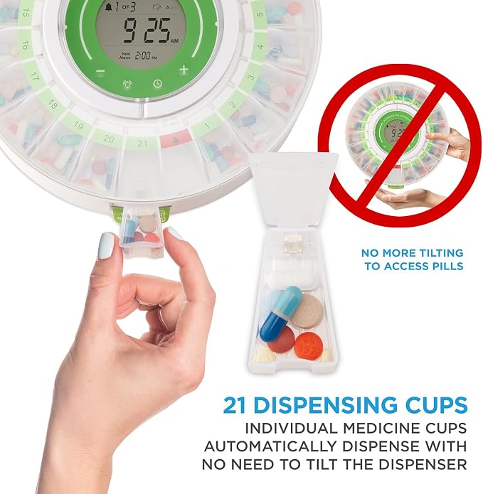 LiveFine Automatic Pill Dispenser with Removable Cups, 21 Compartments, 9 Dosage Rings, Alarm Reminder, LCD Display, Sound & Light Alerts, Locking Key for Vitamins, Supplements, Medications & Seniors