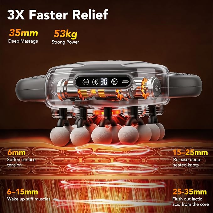 16-Head Massage Gun, Deep Tissue Percussion Massager with 3 Modes & 30 Intensities, 3200mAh Battery Back Massager for Pain Relief, Quiet Handheld Massager (Dark Gray)