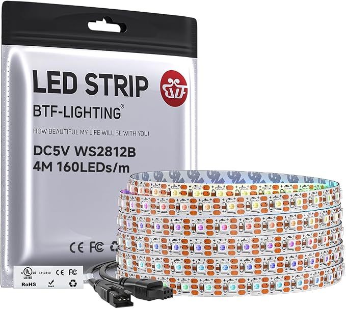 BTF-LIGHTING WS2812B IC RGB 5mm Ultra Narrow LED Strip 2020SMD DC5V Individually Addressable 13.1FT 160Pixels/m 640LED Dream Color Tape Light for Home DIY Decoration IP30 (No Adapter or Controller)