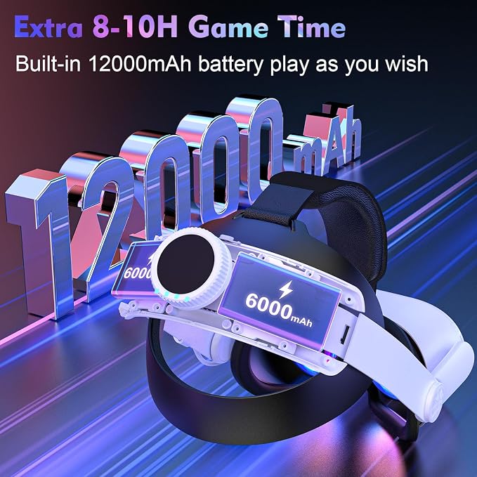 RGB Head Strap with 12000mAh Battery for Oculus Quest 2, Battery Pack for Extended 8 Hrs of Playtime, Fast Charging VR Power, Adjustable Elite Strap Enhanced Support and Balance for Meta Quest 2