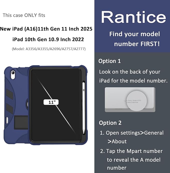 Rantice Case for iPad (A16) 11th Generation 11 Inch 2025 / iPad 10th Generation 10.9 Inch, Heavy Duty Military Grade Shockproof Protective i Pad Case with Kickstand & Pencil Holder, DarkBlue+Black