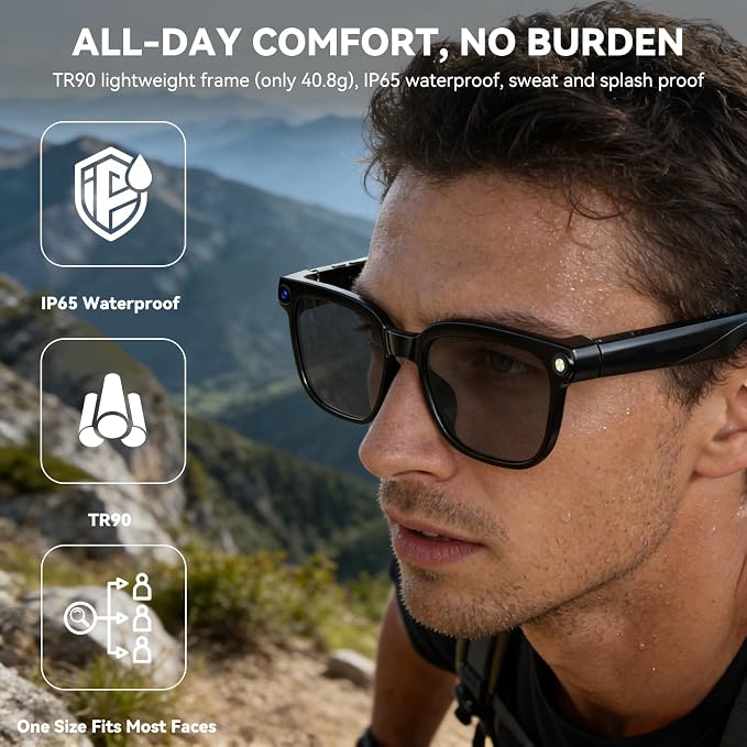 AI Smart Glasses with Camera,8MP Camera Glasses,1080P Anti-Shake Video Recording, Real Time Translation,AI Voice Assistant,Object Recognition,Bluetooth Sunglasses for Men Women(Black Lenses)