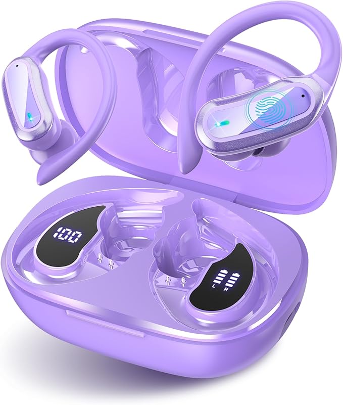 TRAUSI Wireless Earbuds Bluetooth Headphones, 54H Playtime Stereo Over Ear Buds with ENC Noise Cancelling, LED Power Display, IPX7 Waterproof Sport Earphones wih Earhooks for Running/Workouts Purple