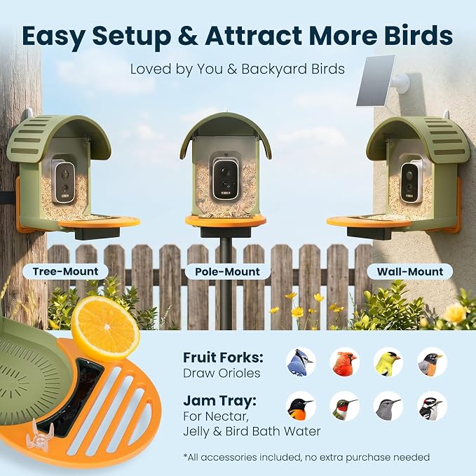Smart Bird Feeder with Camera, 2.5K UHD Bird Feeder Camera Solar Powered, Sensitive AI Identification, Instant Alerts Capture Video, IP66 Waterproof Bird-Watching Feeder, Ideal Gift for Dad, Green