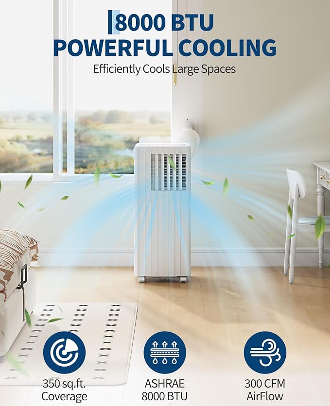 Portable Air Conditioner 8,000 BTU, 3-in-1 AC Unit (Cool, Fan, Dehumidify) for Rooms up to 350 Sq.Ft., Portable AC with Remote Control, Sleep Mode & 24H Timer, Quiet Cooling Unit for Home, Dorm, RV