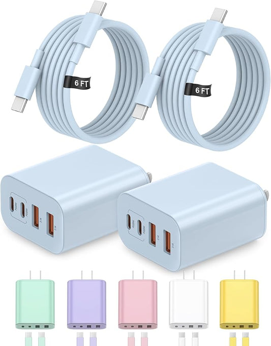 40W USB C Charger Block, iPhone 17 16 15 Charger Fast Charging,2-Pack 4-Port Fast Charging Block with 6FT Type C Cable Multiport Power Block for iPhone Air/iPhone17/16/15 Pro Max/iPad/Samsung(Blue)