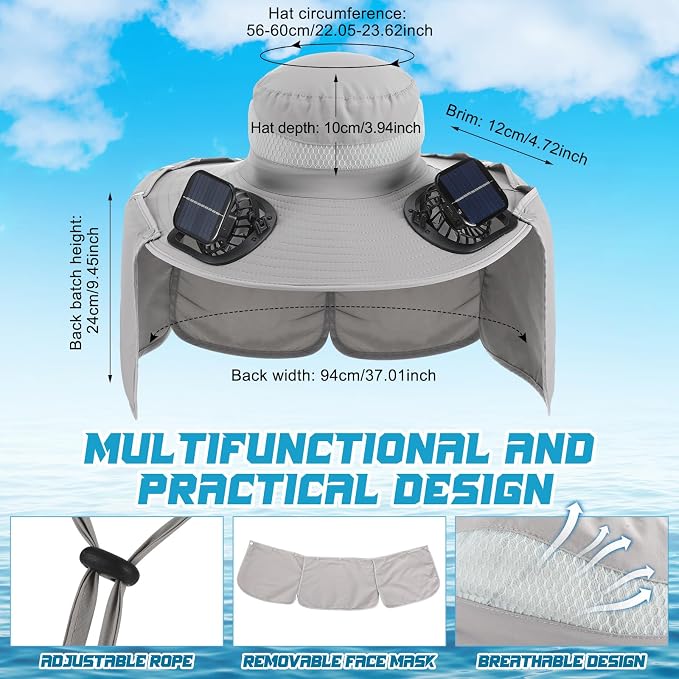 Chuarry Wide Brim Sun Hat with 2 Solar Fans and Neck Flap Outdoor Solar Powered USB Charging Bucket Fishing Hat for Men Women