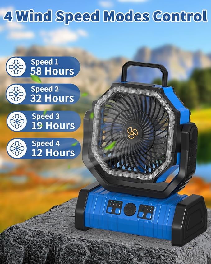 ADUST Camping Fan Battery Operated Powered Fan with LED Lantern Light 20000mAh Rechargeable Portable Oscillating, 360° Rotation Hanging Hook for Tents, Cordless USB Desk Fan(Blue)