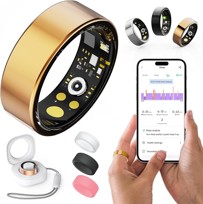 Health Rings for Women Men, Fitness Tracker with Heart Rate,Blood Oxygen, Blood Pressure, Sleep/Step Tracker, IP68 Waterproof Smart Ring for iPhone & Android (Gold, 10#)