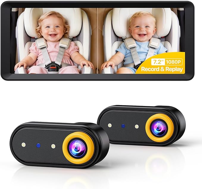 LUCKVIEW BM5 MAX Dual Baby Car Camera, 1080P HD with Record & Playback, 7.2” Split-Screen Display, Auto Night Vision, Easy Installation Rear-Facing Car Seat Camera for Baby