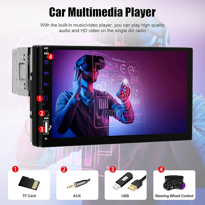 7" Single DIN Car Stereo with Wireless Apple CarPlay, Android Auto, HD Touch Screen Car Radio Bluetooth 5.2 Car Play Car Audio Receivers Support Mirror Link, FM Radio, SWC/USB/TF/AUX Head Unit