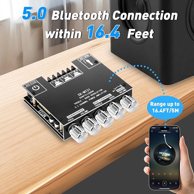 Daakro ZK-MT21 Bluetooth Amplifier Board,50W+50W+100W 2.1 Channel Subwoofer Amp Board with Treble/Bass/Sub Control,DC 9-24V, Bluetooth and AUX Inputs, DIY Wireless Speakers AMP Board, Password Free