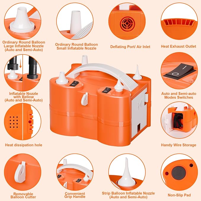 FLSEPAMB Electric Balloon Pump, 3-in-1 Portable Electric Air Balloon Blower Machine Balloon Pump 2 Motor Dual Nozzle Balloon Inflator for Latex 260Q Long Foil Balloons Swimming Rings Air Beds