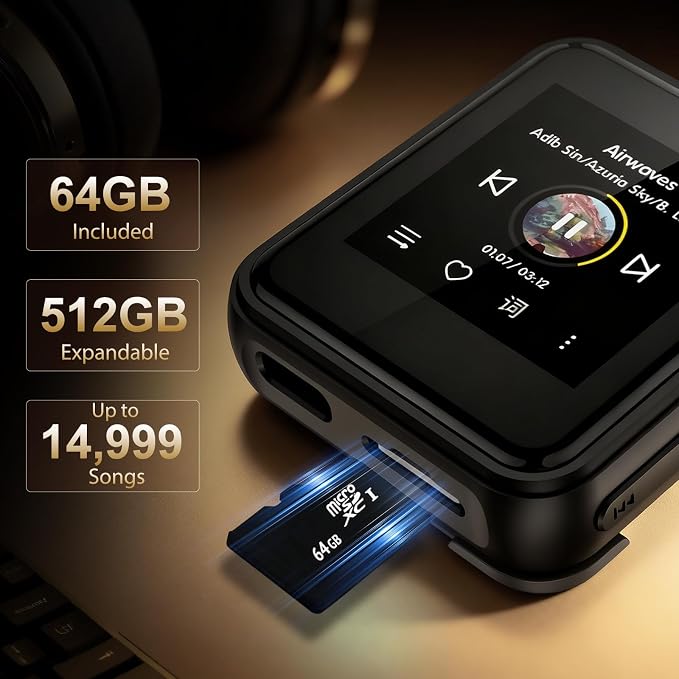 HIFI WALKER H2 Mini MP3 Player with APTX Bluetooth, Hi-Res Audio, Lossless DSD/FLAC, Touch Screen & Wearable Clip, Portable Music Player for Running & Travel, 64GB Memory, Supports up to 512GB