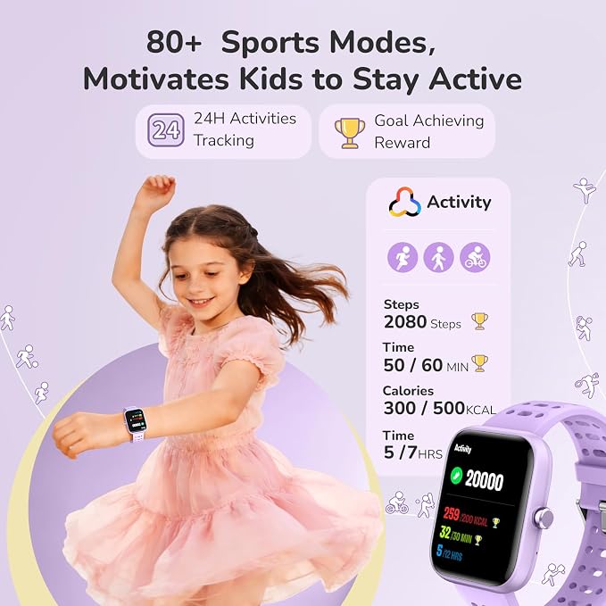 Kids Smart Watch for Girls Boys, Smart Watch for Kids with Health Monitor, Activities Track & Pedometer, Long-lasting Kid's Watches with Reminders & Puzzle Games, Gifts for Children-Purple(2 Bands)