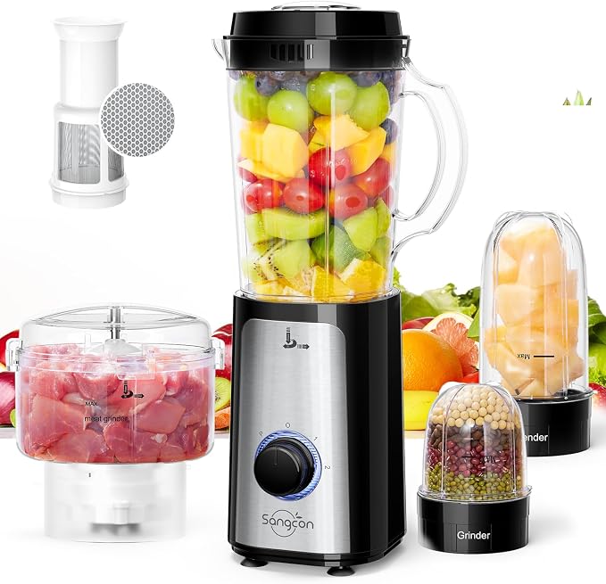 SANGCON 5 in 1 Blender and Food Processor Combo for Kitchen, Small Electric Food Chopper for Meat and Vegetable, 350W High Speed Blenders with 2 Speeds and Pulse for Smoothies and Shakes