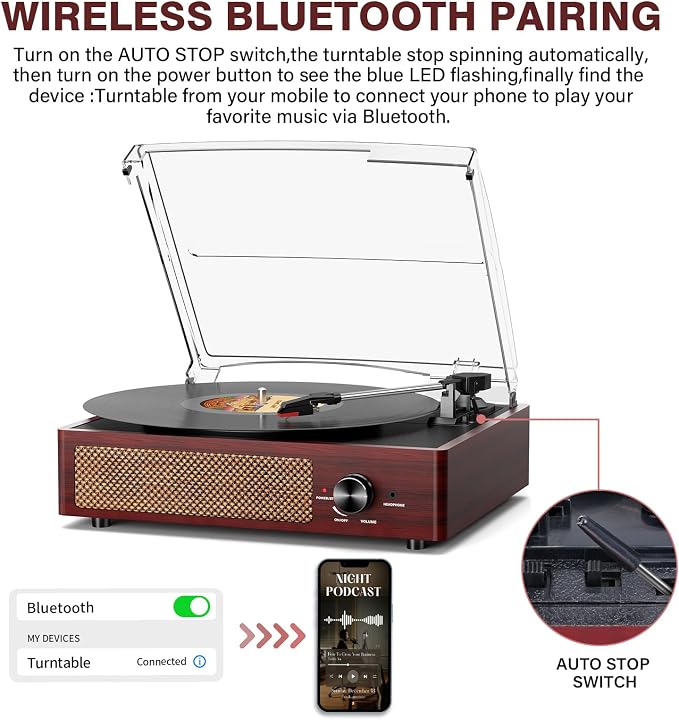 Vinyl Record Player with 2 Stereo Speakers Belt-Driven Vintage Turntables 3 Speed 3 Size Wireless Bluetooth Playback AUX-in RCA Out Headphone LP Vinyl Players Auto Stop Red Wood