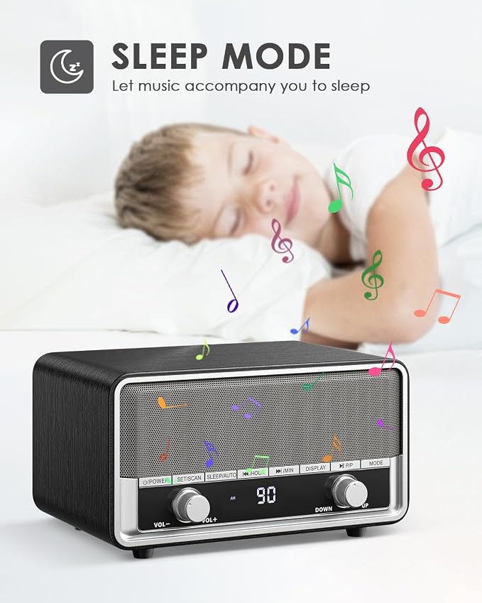 Vintage Wood AM FM Radio with Bluetooth, Retro Bluetooth Speaker Radio with LCD Display | 40 Presets | Sleep Timer | No Alarm for Office,Home, Kitchen (Space Black)