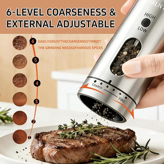 Electric Salt and Pepper Grinder Set with Rechargeable Base Upgraded Stainless Steel Automatic Salt and Pepper Shakers,Upgraded 2-Speed Setting,External 6 Adjustable Coarseness with LED Light