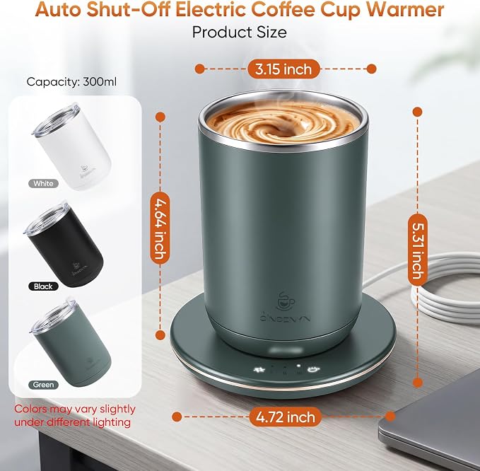 Self Stirring Coffee Mug, Self Heating Coffee Mug, Heated Cup with 3-Level Smart Temperature Control, Auto Shut-Off Electric Coffee Cup Warmer with Detachable Base, Gift for Family Friends (Green)