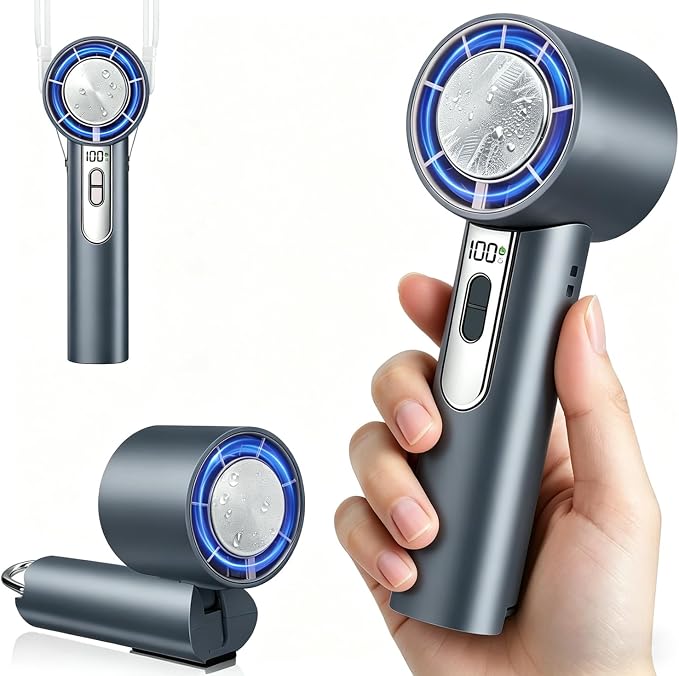 Portable Handheld Fan with Ice Cooling, 1-100 Speeds Fan with LED Display, 12m/s Wind Speed, Portable Fan for Travel, Outdoor, Camping, Hiking (Grey)