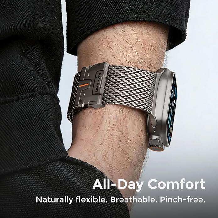 amBand Milanese Loop for Apple Watch Ultra 3/2/1 49mm, Stainless Steel Mesh with Secure Parachute-Style Buckle, Non-magetic Clasp, Breathable & Comfortable Luxury Band for Men