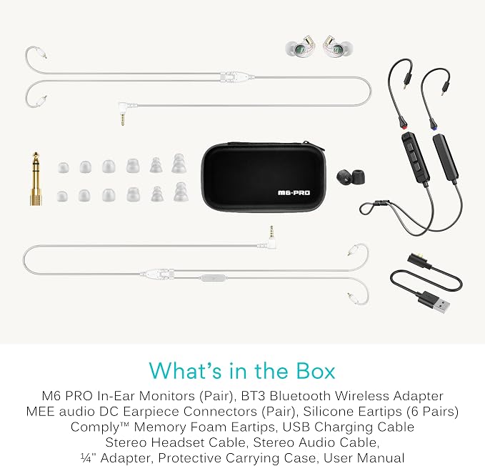 MEE audio M6 PRO Musicians' In-Ear Monitors Wired + Wireless Combo Pack: Includes IEMs, 2 Audio Cables and BT3 Hi-Res Bluetooth Audio Adapter w/aptX, LDAC, Auracast Support, & Built-In Headset (Clear)