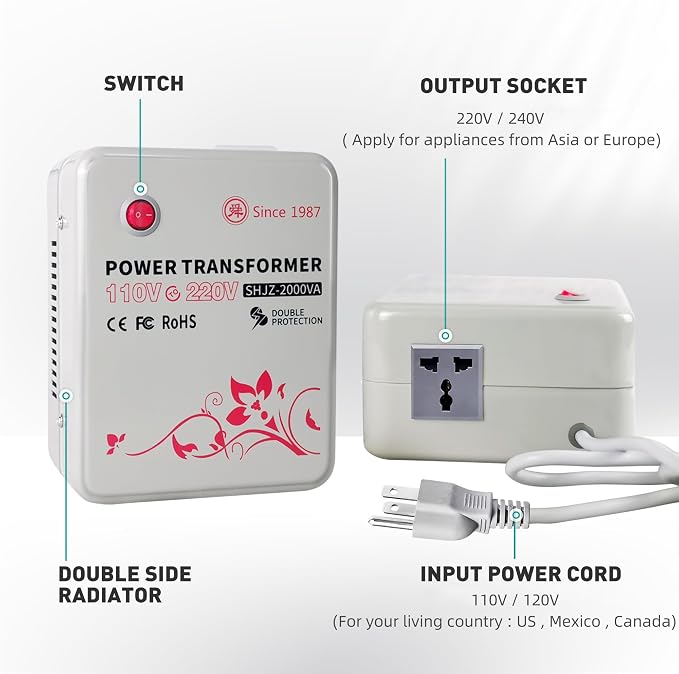 SUNSHUN Step Up Transformer, 110v to 220v Converter 2000W, Step Up Voltage Converter for 220v-240v Europen, Asian Appliances Used in US, Canada, Mexico