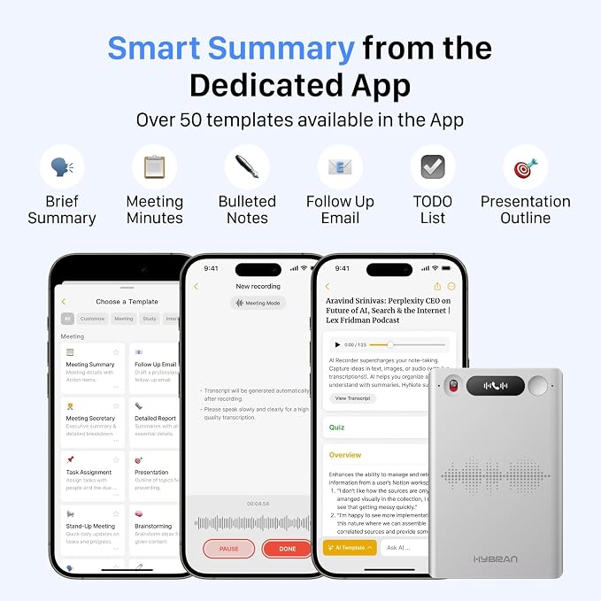 AI Voice Recorder for Phone Calls, Meetings & Lectures | Smart AI Note-Taking Device with Dedicated App for Transcription, Summary & Notes | Magnetic Case, 32GB (Up to 2000 Hours) | PDF Summary